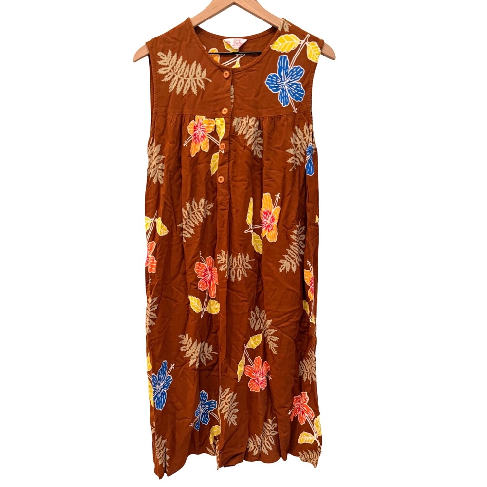 Batik Sultan Brown Tropical Hibiscus Floral Sleeveless Button Front Midi Dress M